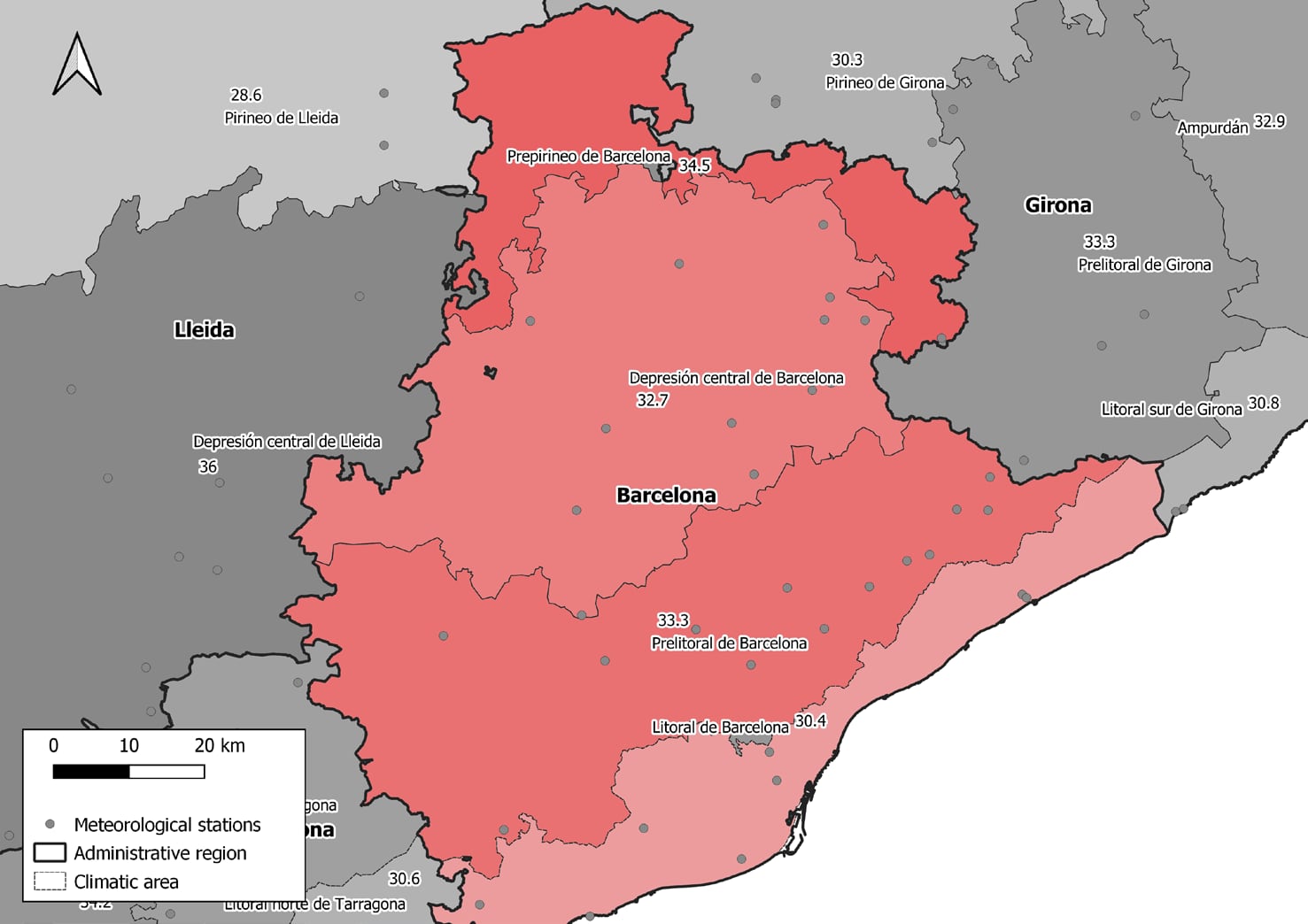 Mapa de temperaturas a las que se disparan las muertes por calor dentro de la provincia de barcelonaInstituto de salud Carlos III