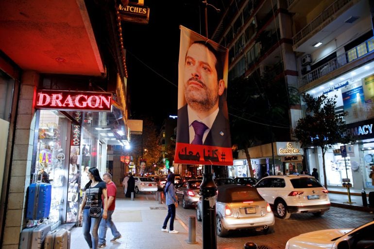 FILE PHOTO: A poster depicting Former Prime Minister Saad al-Hariri is seen in Beirut, Lebanon, November 14, 2017. REUTERS