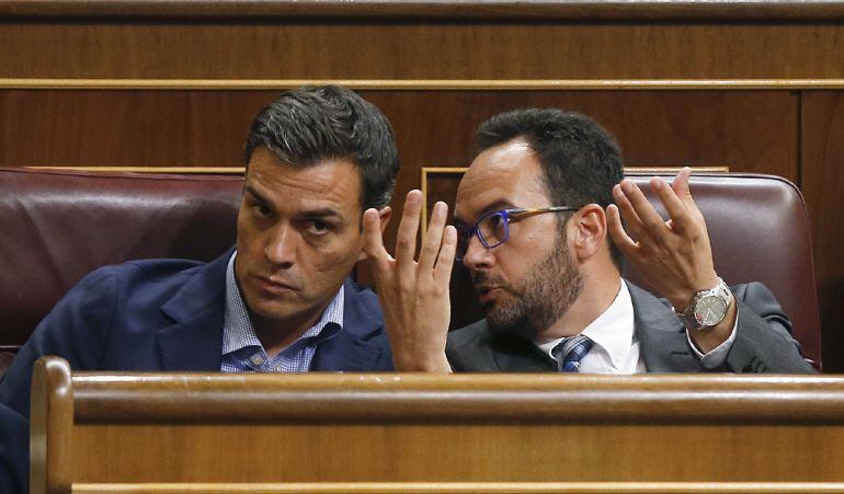 El líder del PSOE, Pedro Sánchez (i), conversa con el portavoz parlamentario de su partido, Antonio Hernando (d), durante el pleno del Congreso de este martes 