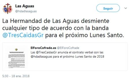 Comunicado de la hermandad de Las Aguas donde desmiente el &quot;contrato verbal&quot; que, supuestamente, existe con la banda de Tres Caídas