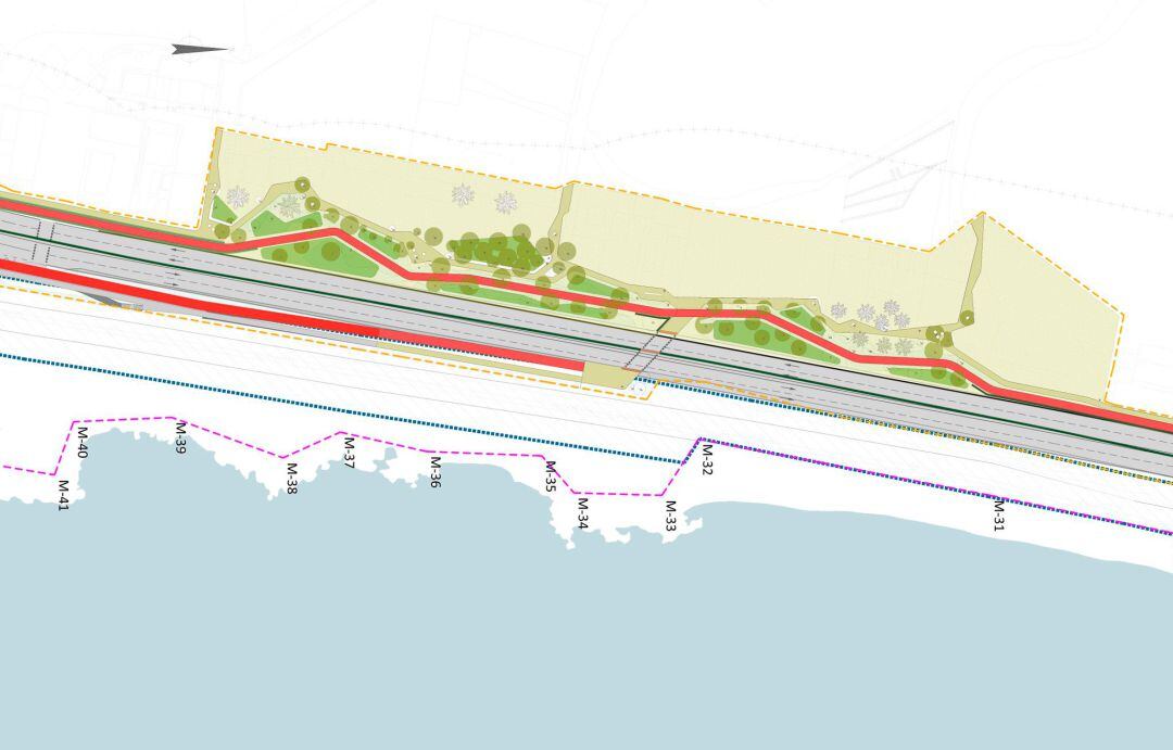Sección del proyecto donde el carril bici atraviesa la avenida de Elche para continuar por una plataforma elevada