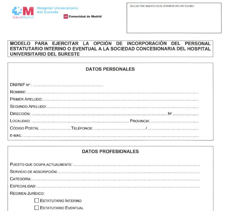 Formulario para la incorporación a la sociedad concesionaria del Hospital del Sureste