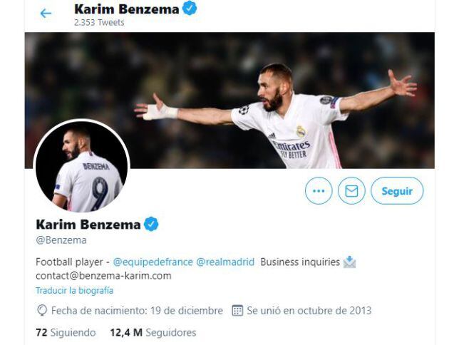 El perfil de Benzema en Twitter.