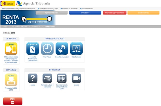 Imagen de la web de la Agencia de Tributaria para la Renta 2013.