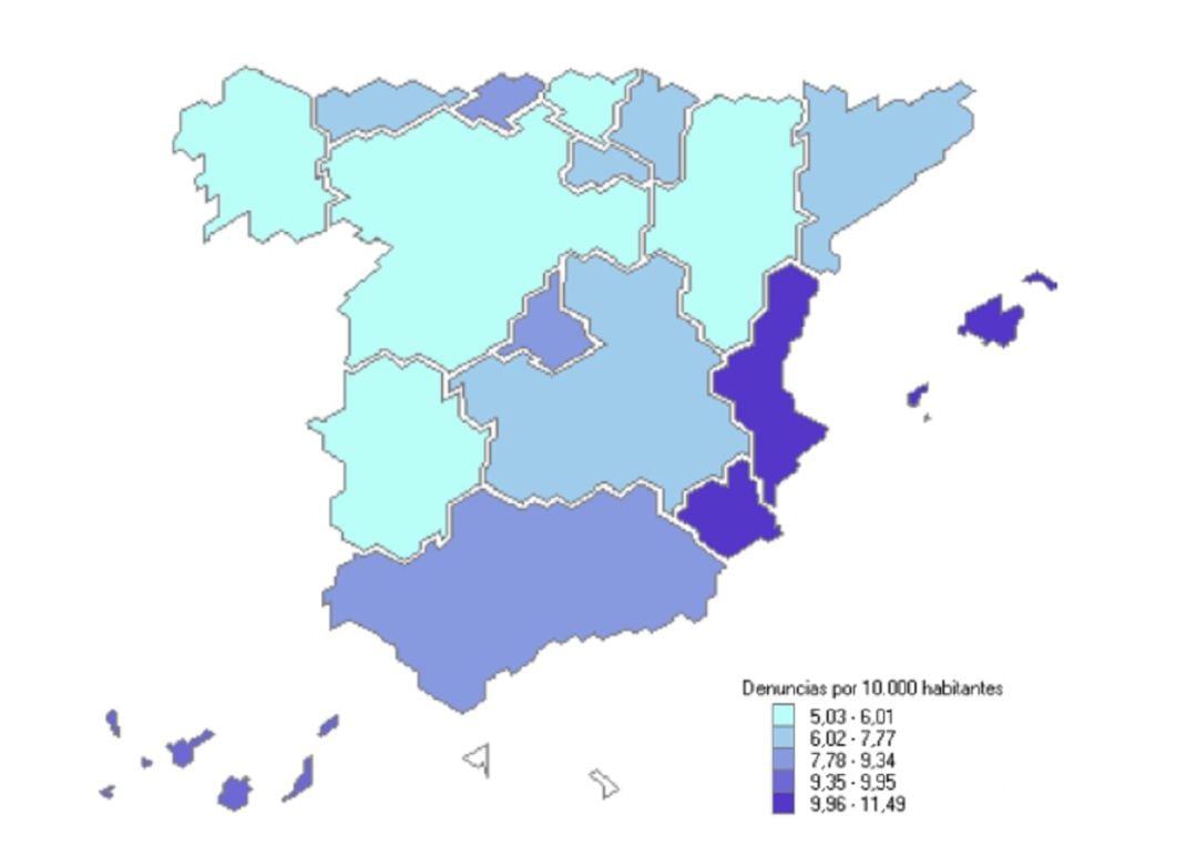 Mapa territorial de las denuncias por violencia de género cada 10.000 habitantes