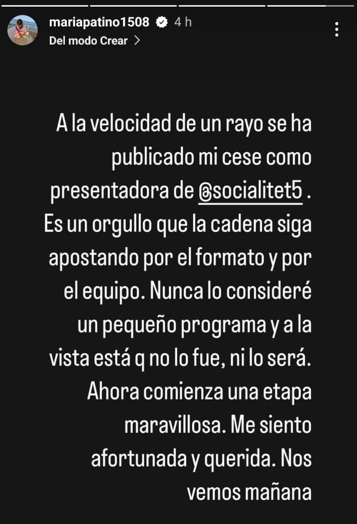 La periodista María Patiño confirma su despido a través de su cuenta de Instagram