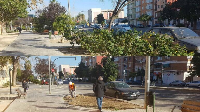 Vista de la avenida Luis Peixó antes de las obras (arriba) y en el desarrollo de las mismas (abajo)