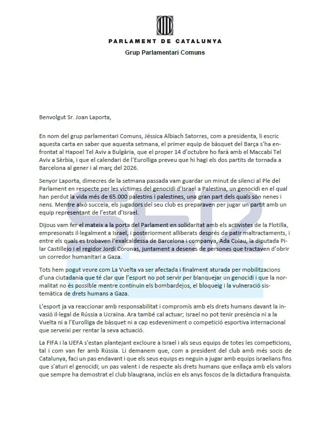 Carta de los Comuns a Laporta para cancelar el Maccabi-Barça: "Hacer como si nada es legitimar el genocidio"