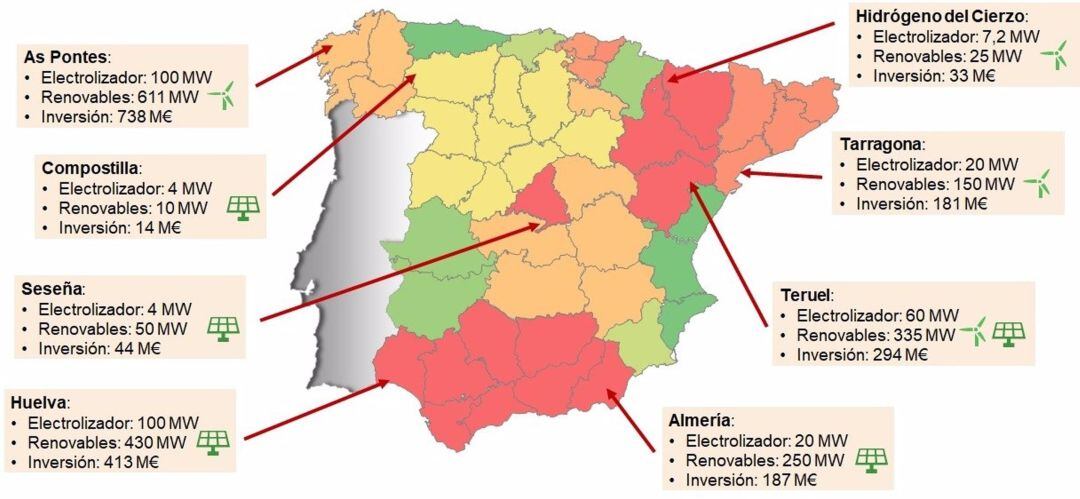 Mapa de los proyectos de hidrógeno verde en España de Endesa