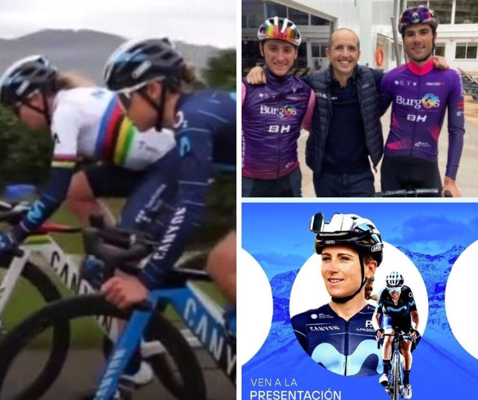 Sara Martín junto a la campeona del mundo (i) Mario Aparicio con sus compañeros burgaleses (arriba) y la presentación del Movistar Team el 21 de diciembre