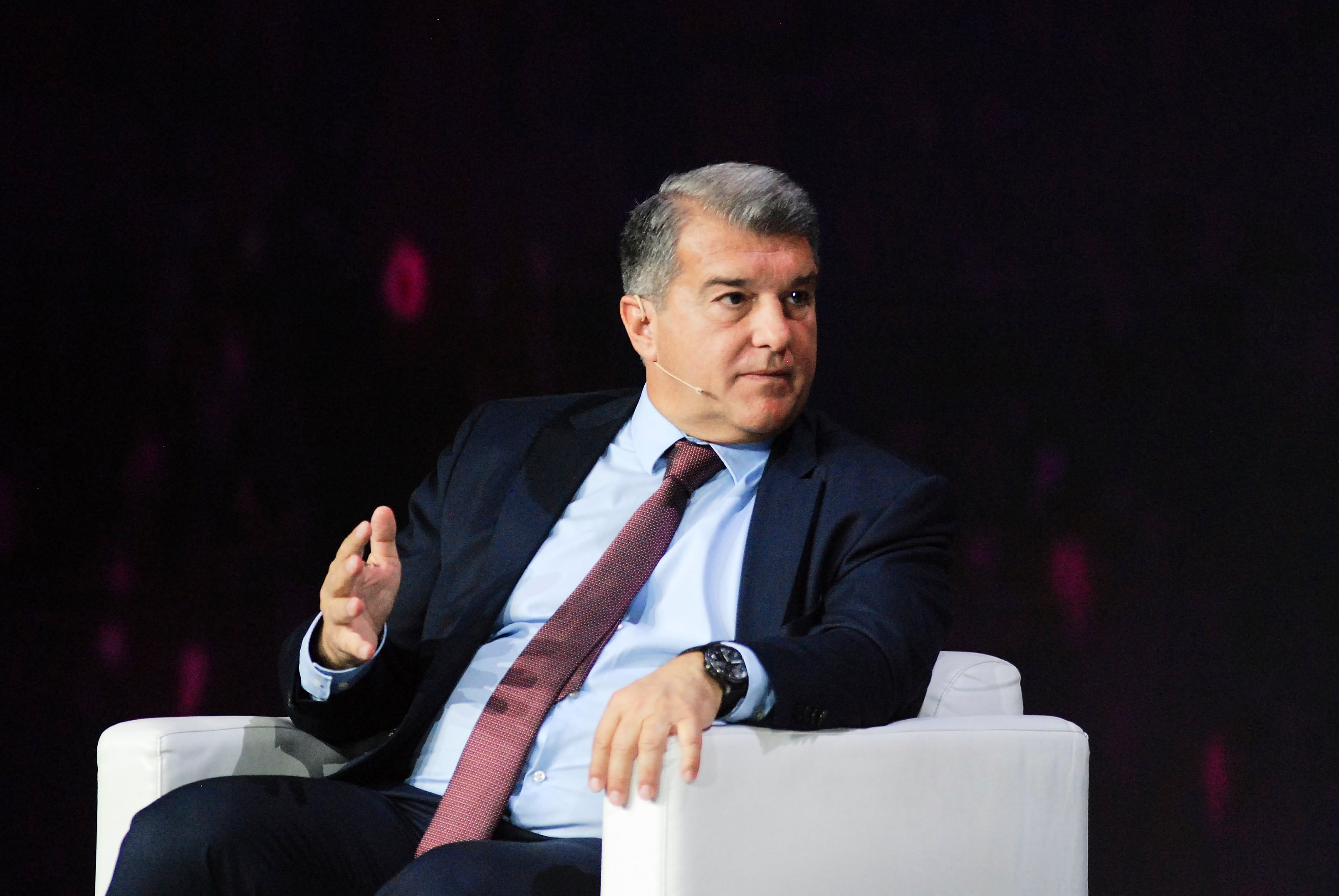 Joan Laporta president of the FC Barcelona, speaking  during the Opening day of Mobile World Congress (MWC) Barcelona, on February 28, 2022 in Barcelona, Spain. (Photo by Joan Cros/NurPhoto via Getty Images)