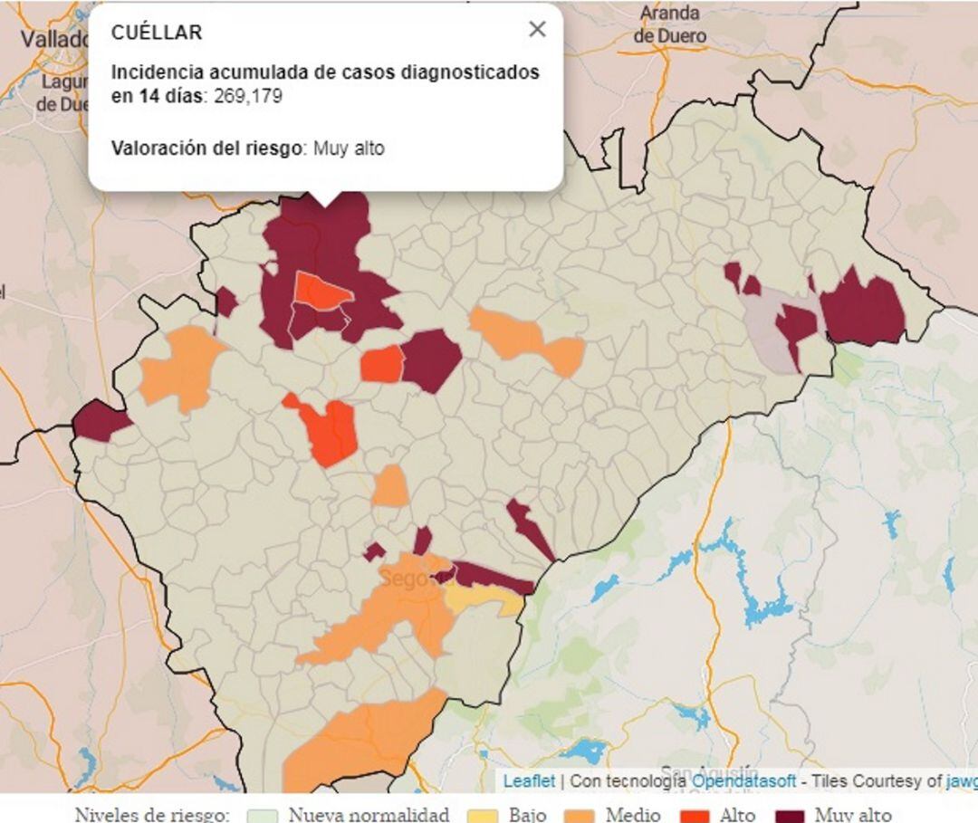 Mapa de incidencia de la Covid 19 en la provincia de Segovia hoy