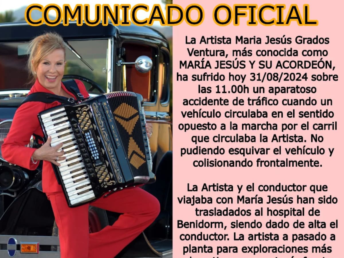La artista extremeña conocida como 'María Jesús y su acordeón', ingresada en el hospital tras sufrir un accidente de tráfico