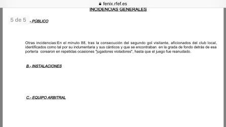 Incidencias reflejadas por el colegiado en el acta oficial del partido