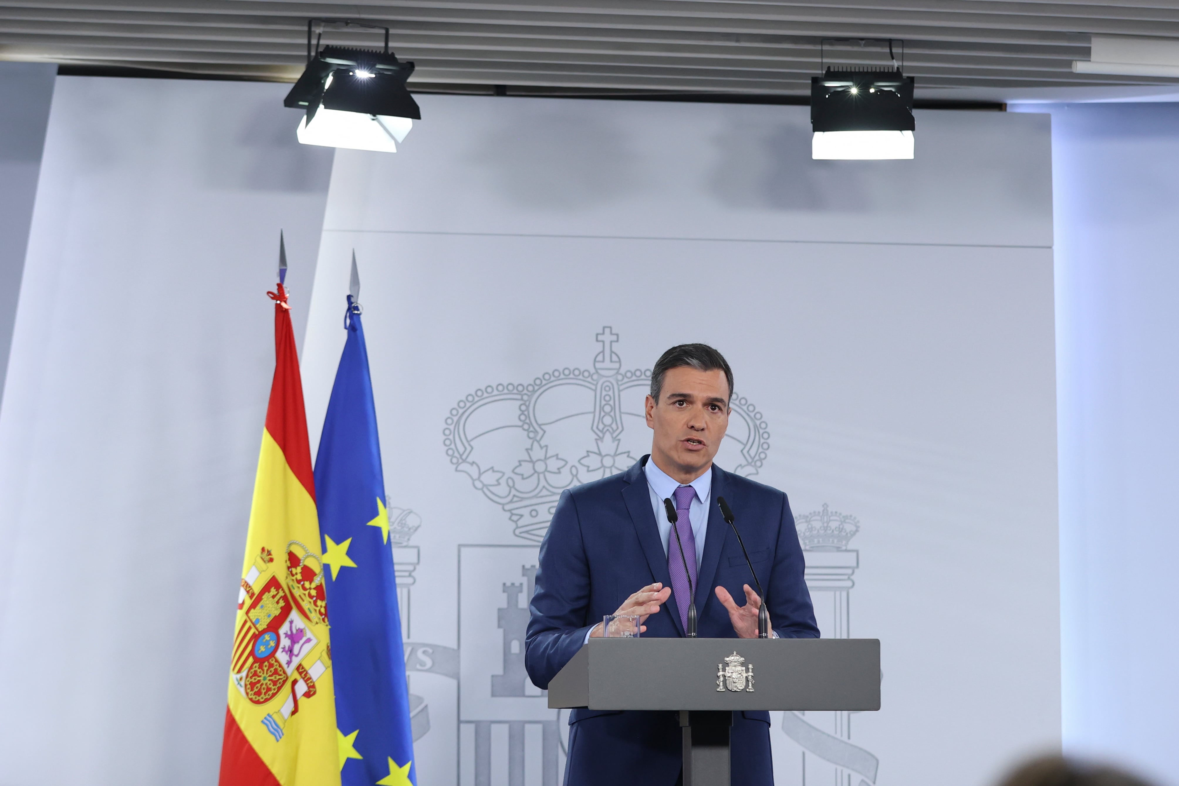 Pedro Sánchez en la rueda de prensa en la Moncloa.