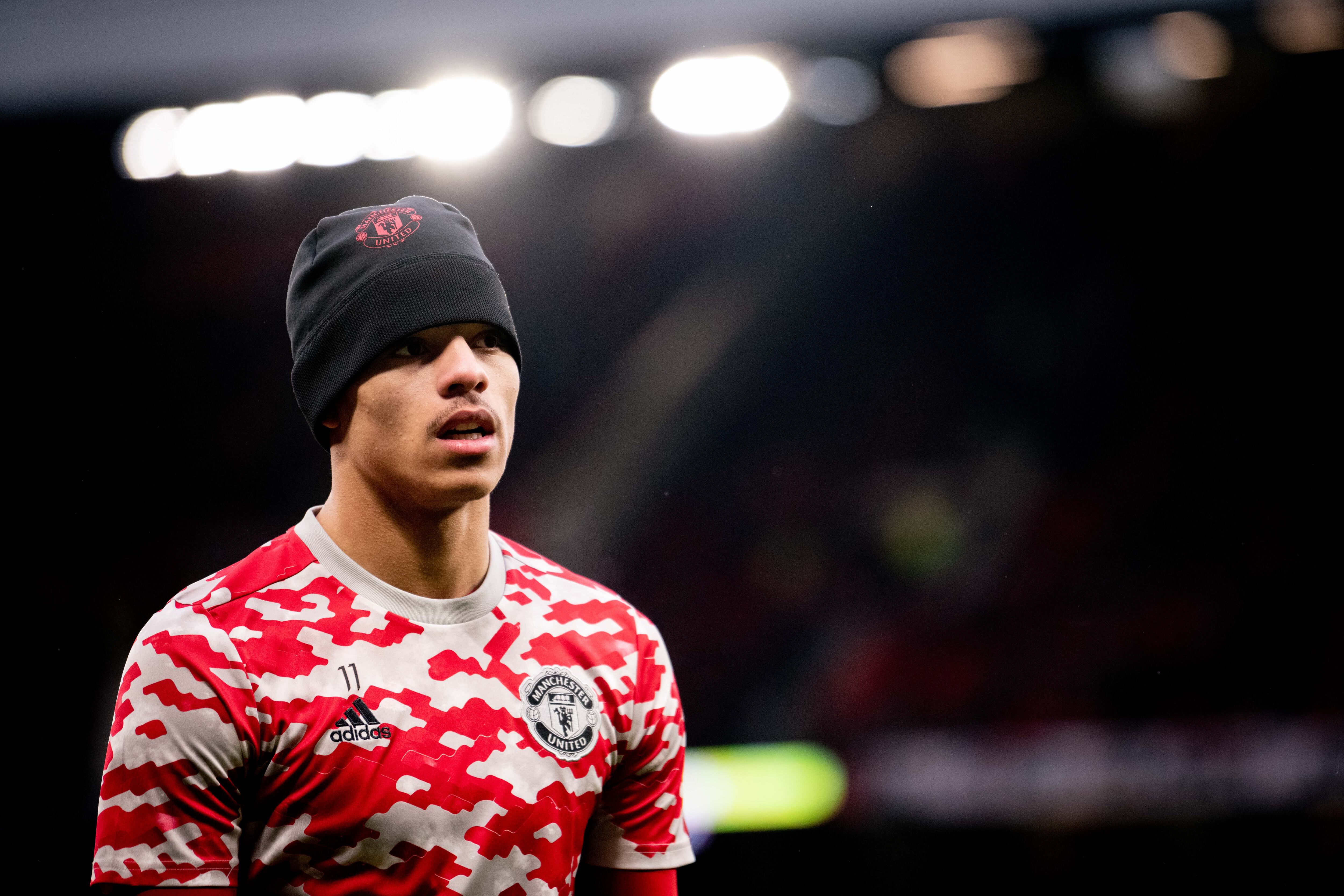 Mason Greenwood, en el calentamiento de un partido con el Manchester United