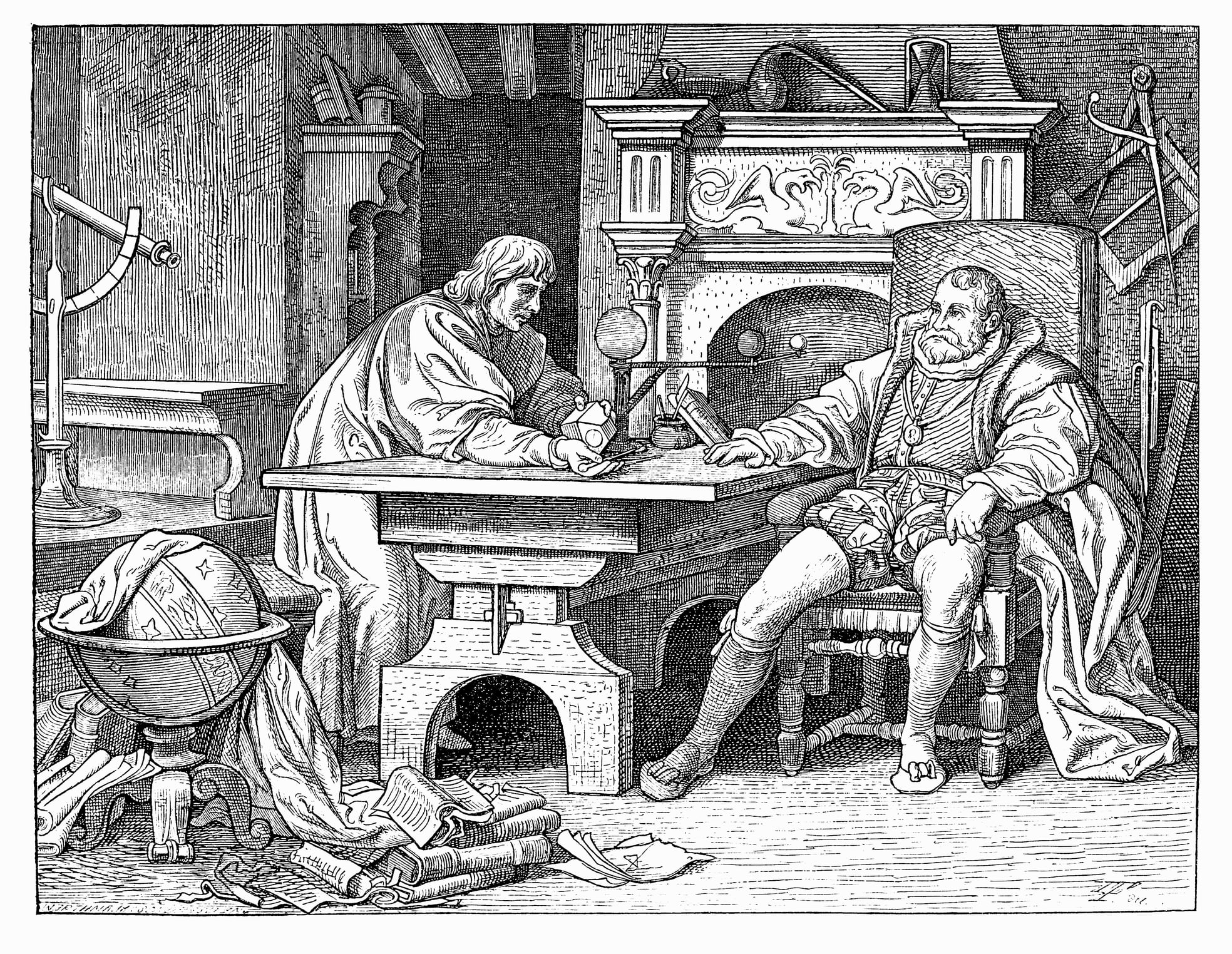 Illustration of a Johannes Kepler discussing his discoveries with Holy Roman Emperor Rudolf II.