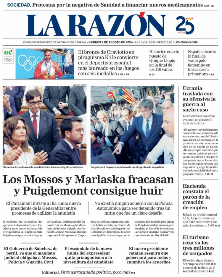 Portada de &#039;La Razón&#039; (9 de agosto de 2024).