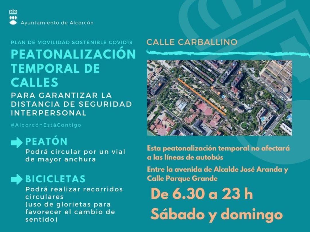 Cartel anunciando la peatonalización temporal de algunas calles de Alcorcón 