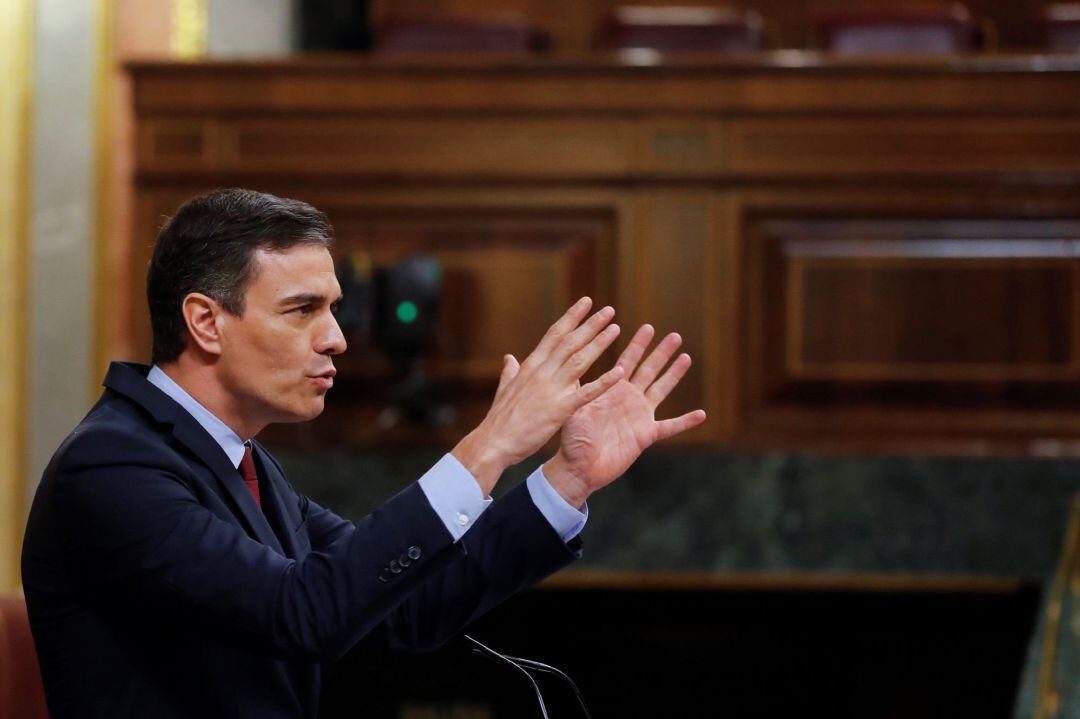 El presidente del Gobierno, Pedro Sánchez, durante su intervención en el pleno del Congreso que debate y vota este miércoles la quinta prórroga del estado de alarma.