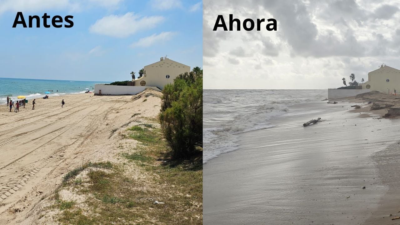 La playa de la Goleta este verano después de la reposición de arena y ahora después del paso de la DANA.