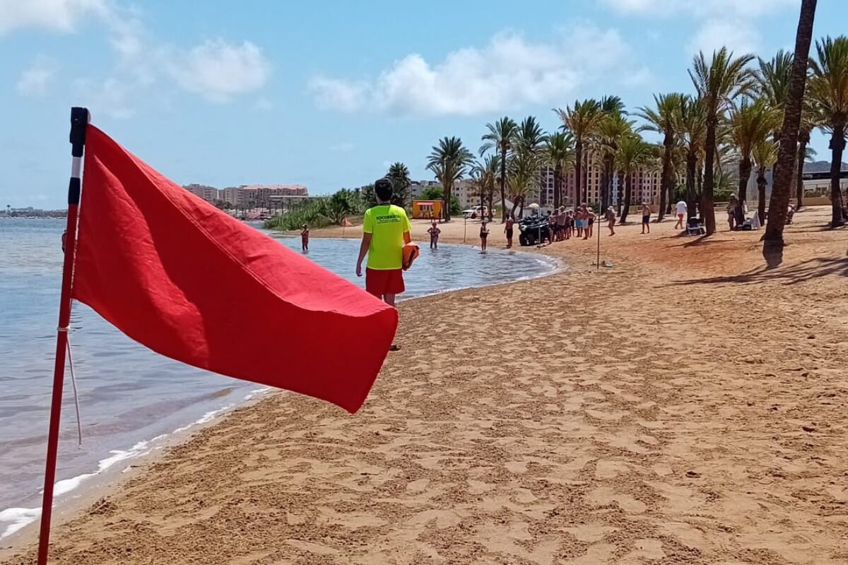 La bandera roja ondeando en la playa