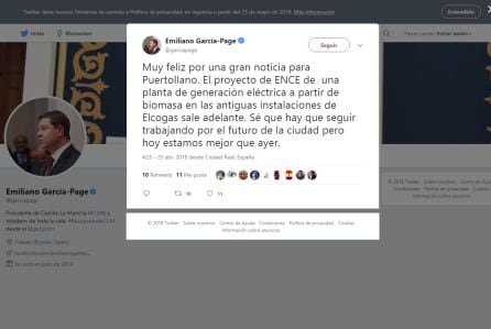 Tweet de Emiliano García Page celebrando la llegada de ENCE a Puertollano