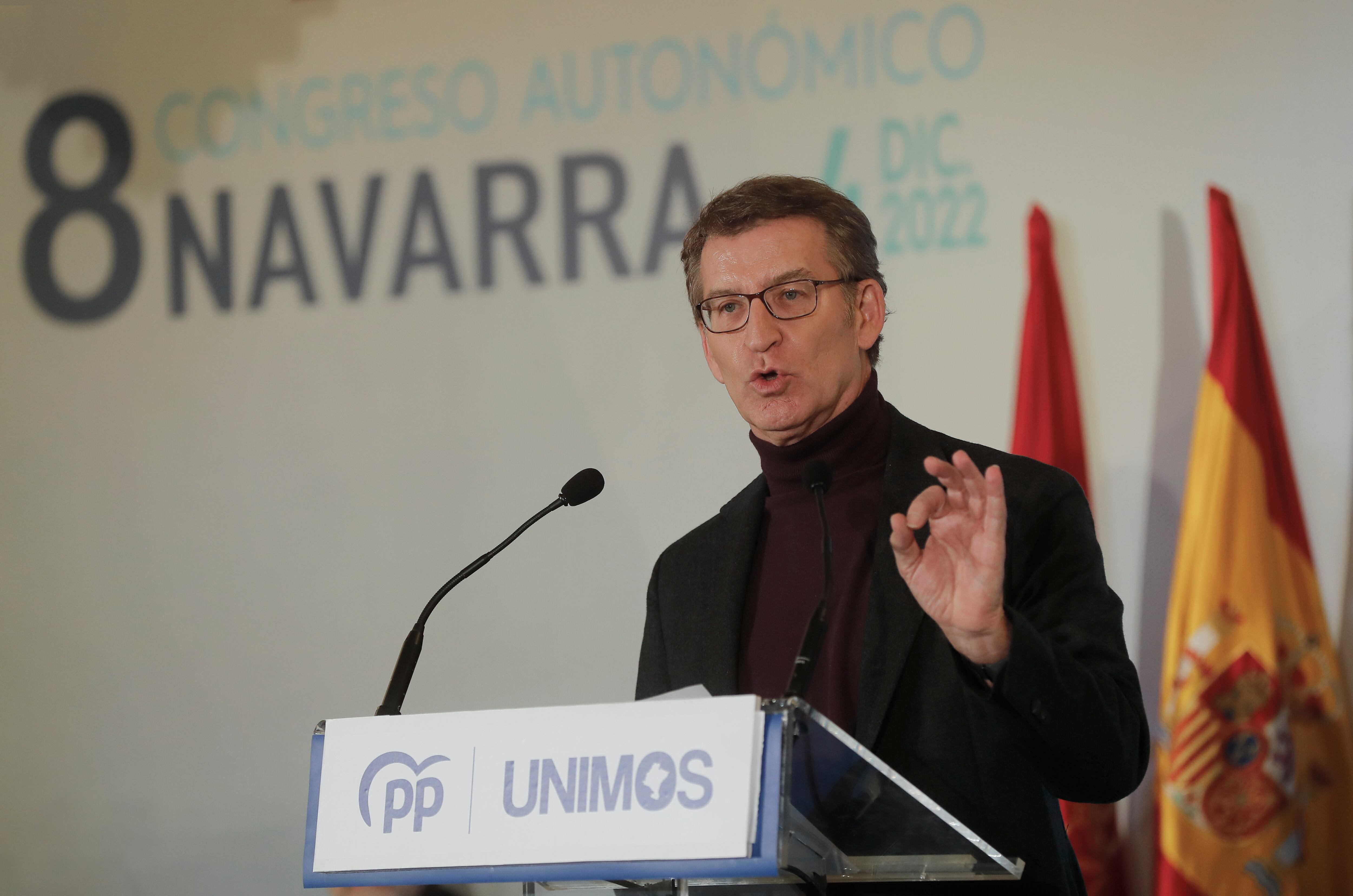 El presidente del PP, Alberto Núñez Feijóo, durante su intervención este domingo en Pamplona en la clausura del octavo congreso del PPN
