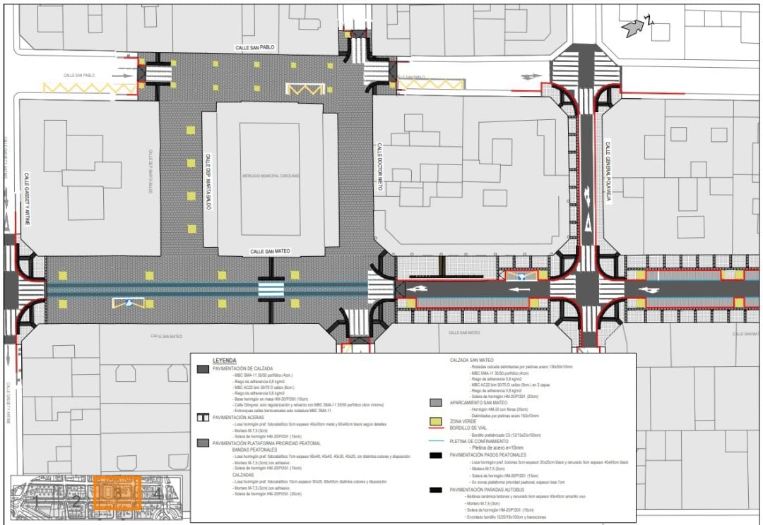 Plano de la reforma de la calle San Mateo a la altura del Mercado de Carolinas