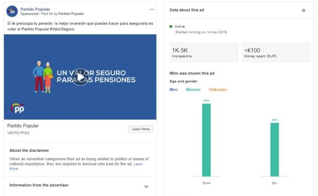 Anuncio del PP sobre pensiones en Facebook