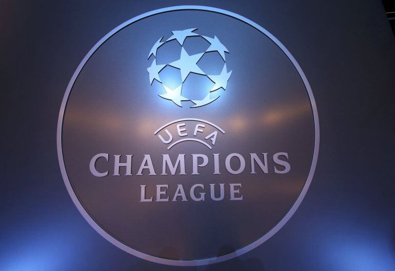 The UEFA logo is seen before the draw ceremony for the 2016-2017