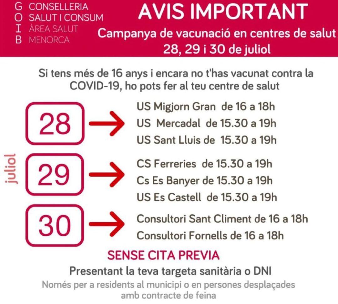 Agenda de vacunació a les unitats de salut de Menorca per aquests dies.