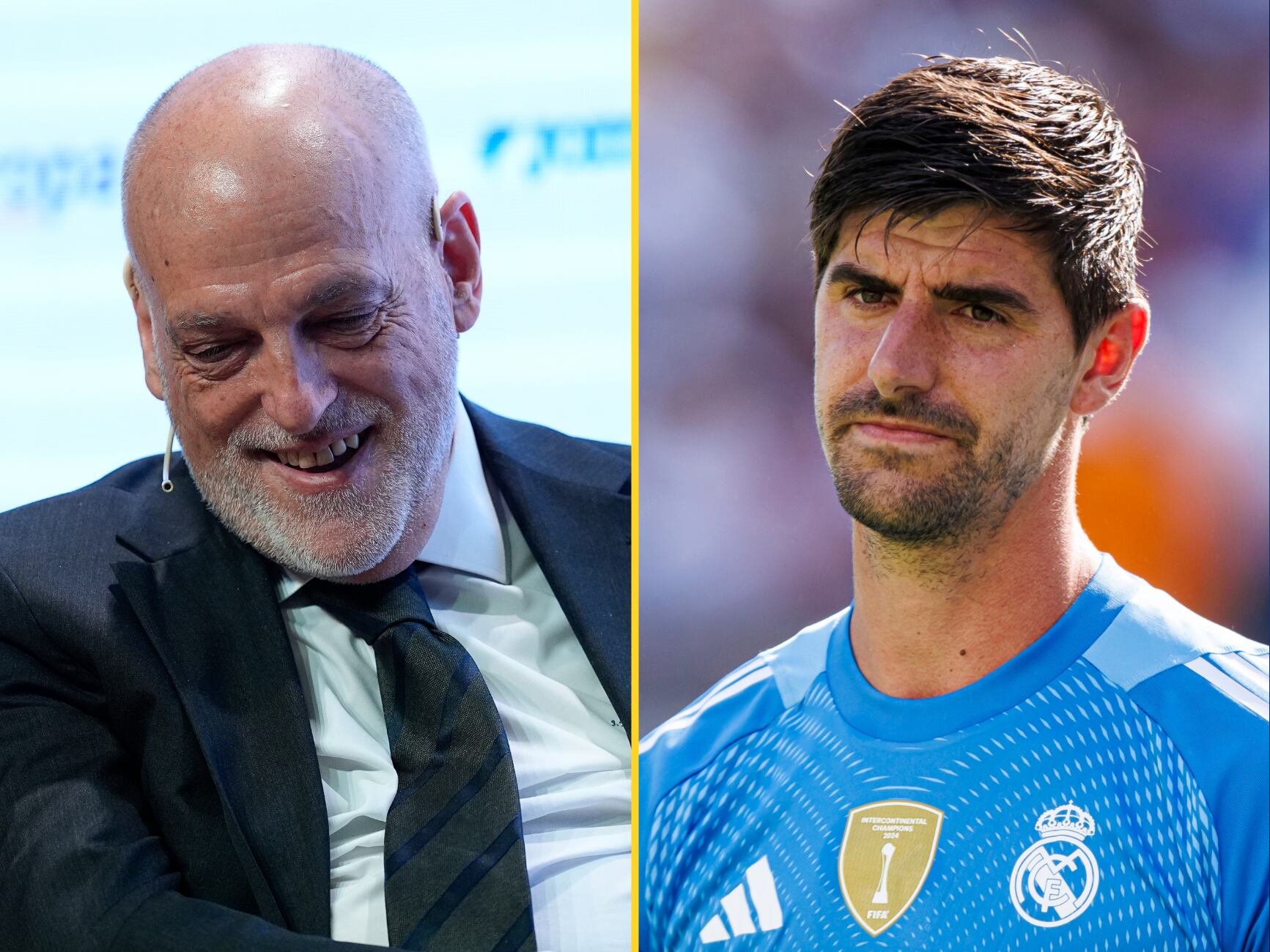 En un montaje, Javier Tebas junto a Thibaut Courtois