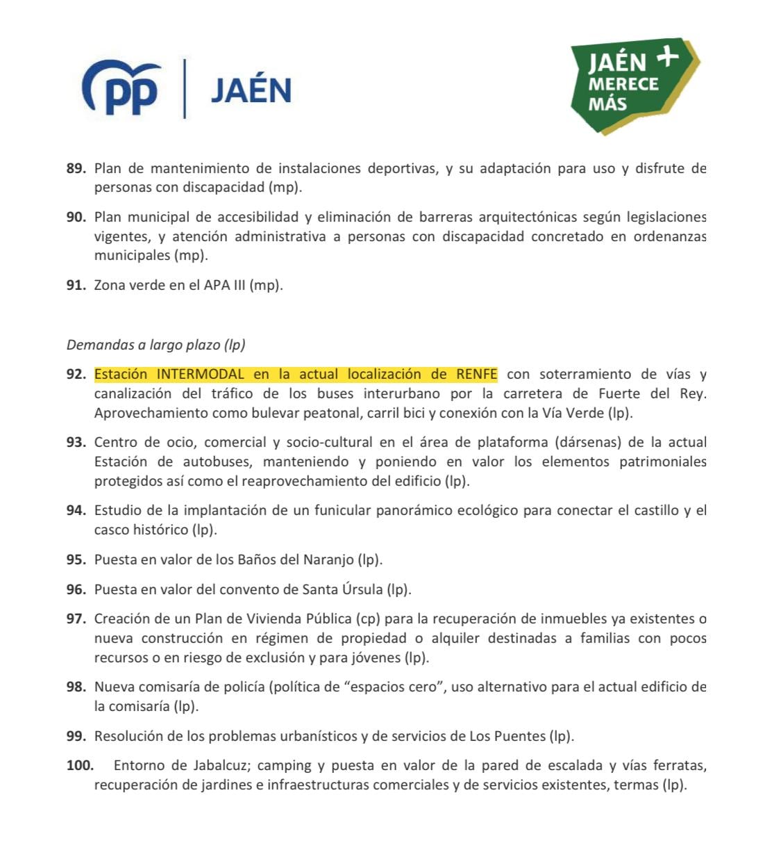 Acuerdo de PP y JM+ en el que se especifica que la estación intermodal irá &quot;en la actual localización de RENFE&quot;.