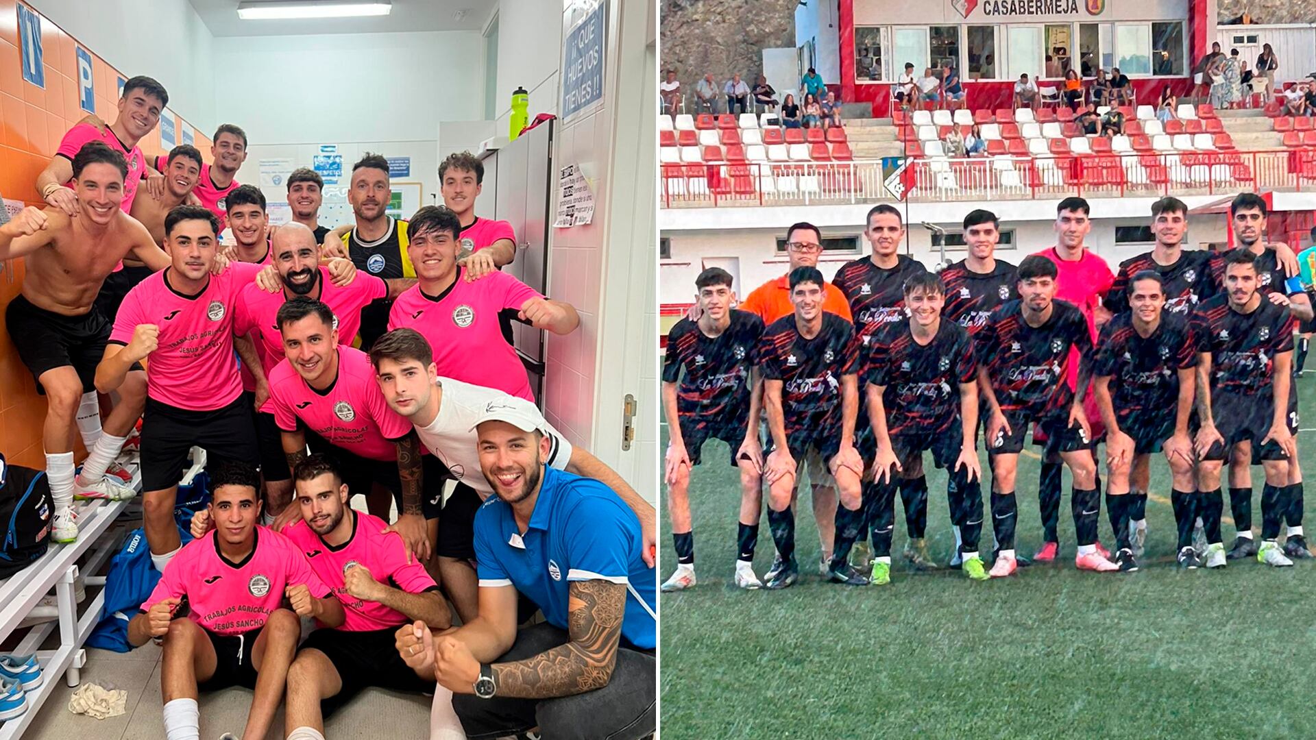 La UD Rosario celebrando la victoria (izq.) y el once inicial del CD Campillos en Casabermeja (dcha.)