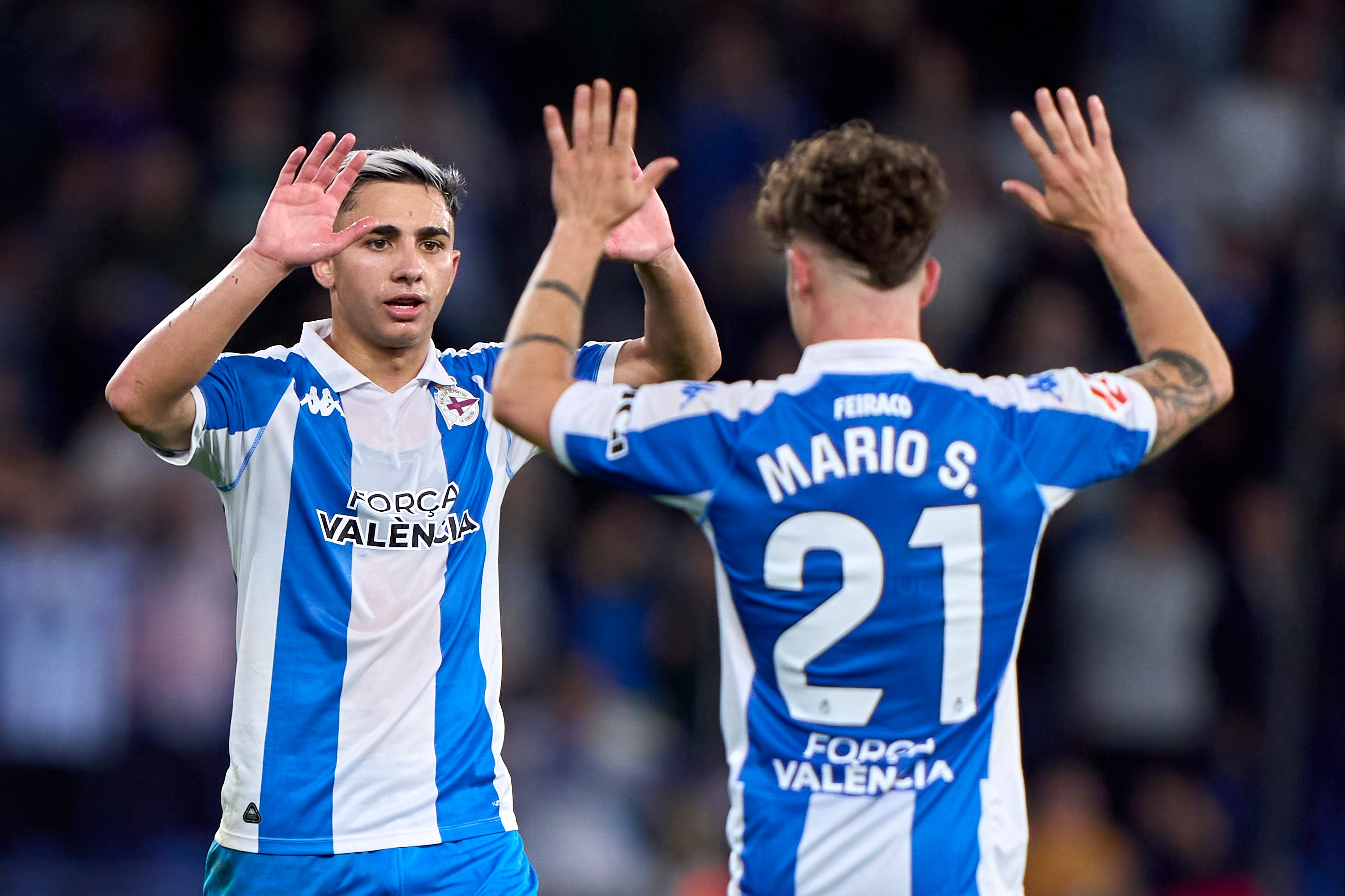 Mario Soriano of RC Deportivo de La Coruna celebrates with Yeremay Hernandez after scoring his team&#039;s first goal during the LaLiga Hypermotion match between RC Deportivo de La Coruna and SD Eibar at Abanca Riazor Stadium in La Coruna, Spain, on November 11, 2024. (Photo by Jose Manuel Alvarez Rey/JAR Sport Images/NurPhoto via Getty Images)