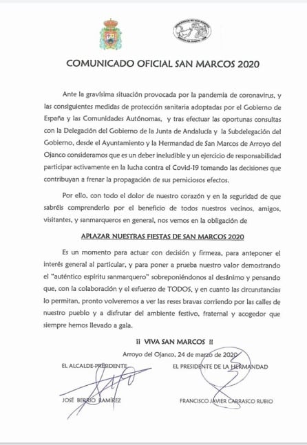 Comunicado conjunto de ayuntamiento y hermandad