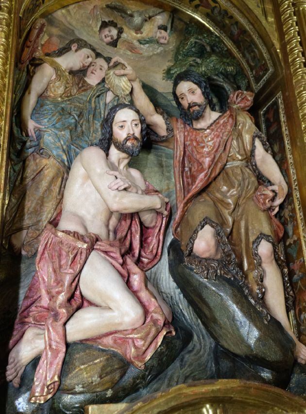 El Bautismo de Jesús conforma la escena principal del retablo de San Juan Bautista en la Anunciación