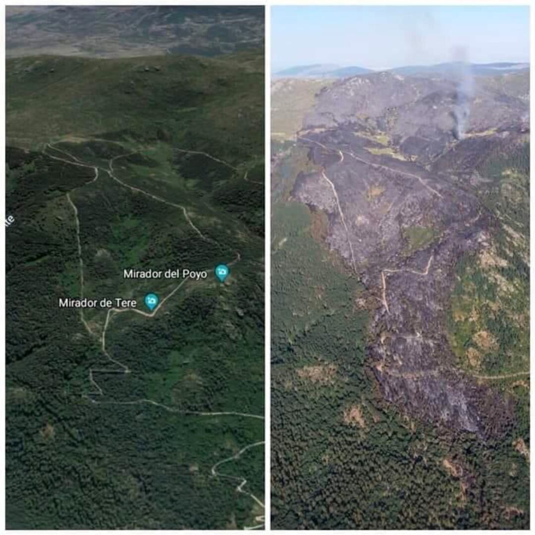 Imagen aérea del antes y el después del incendio en el Real Sitio de San Ildefonso (Segovia) 