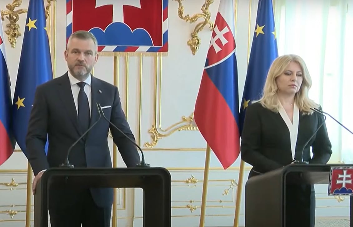 Un momento de la intervención conjunta del presidente electo de Eslovaquia, Peter Pellegrini, y la presidenta en funciones, Zuzana Caputova