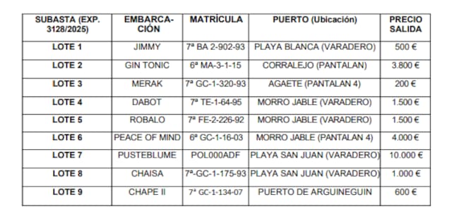 Embarcaciones a subasta en el BOC