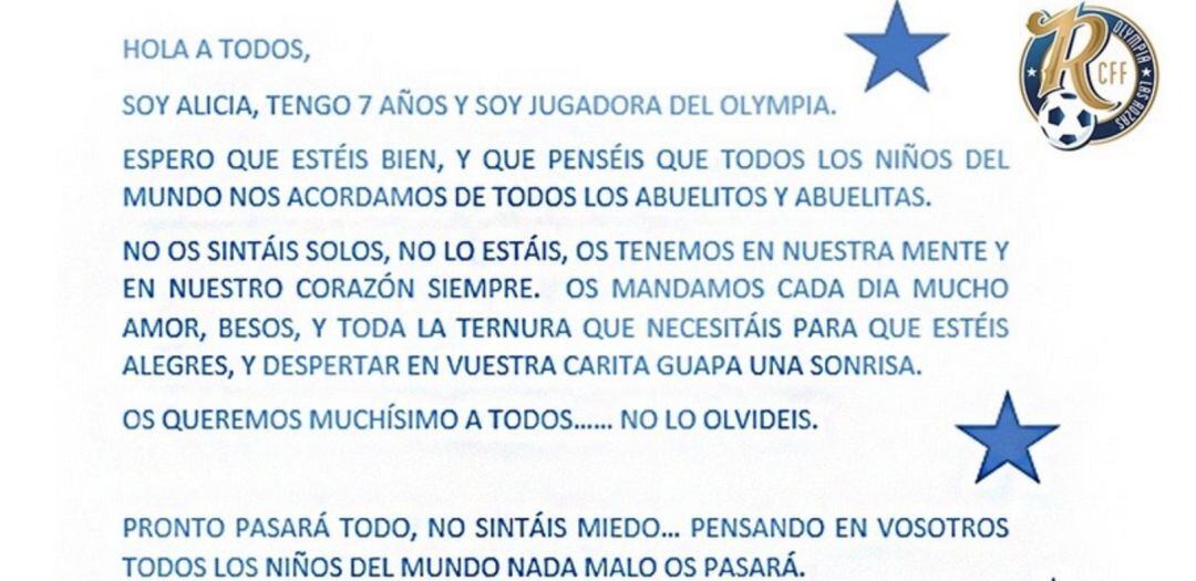 Una de las cartas de una jugadora del Olympia, la cual ha difundido el club en sus redes sociales