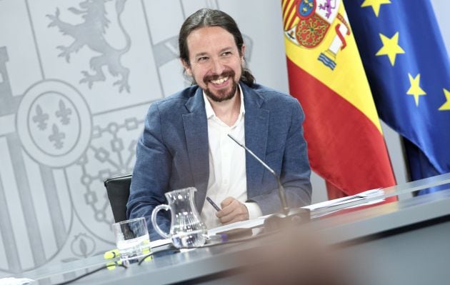 El vicepresidente y ministro de Derechos Sociales y Agenda 2030, Pablo Iglesias, durante la rueda de prensa posterior al Consejo de Ministros en Moncloa, en Madrid