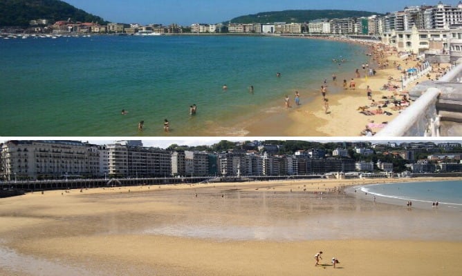 Aspecto que presentaba este fin de semana la playa de La Concha durante la pleamar y la bajamar