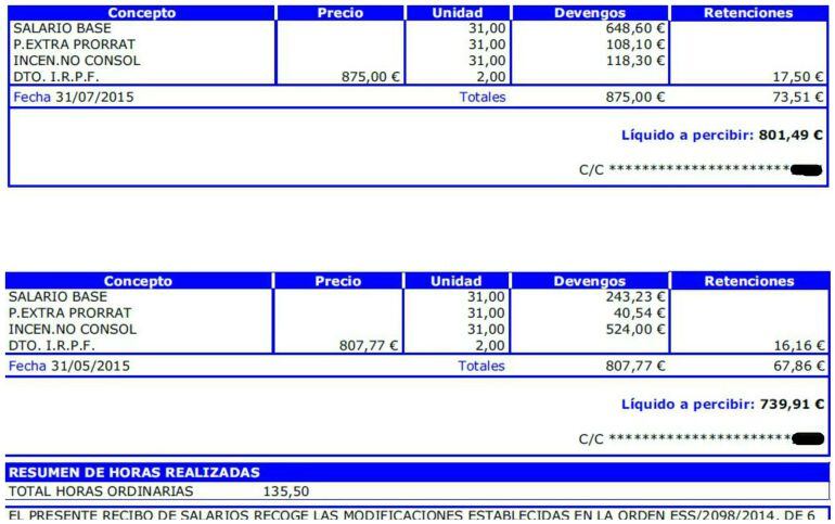 Extracto de dos nóminas de informadores turísticos