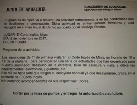 La carta del CEIP Andalicía anunciando la excursión a El Corte Inglés.