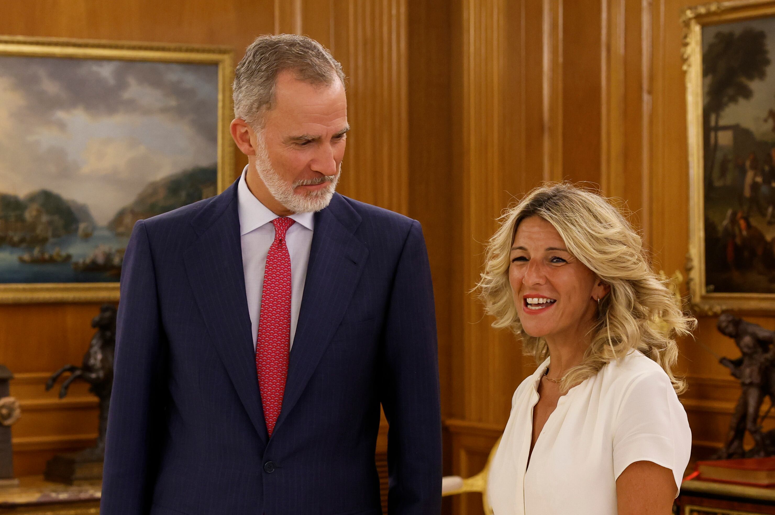 El rey Felipe VI recibe este lunes en el Palacio de la Zarzuela a la líder de Sumar, Yolanda Díaz.