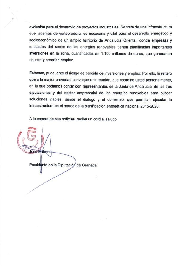 Segunda parte de la carta del presidente de la Diputación al ministro Álvaro Nadal para solicitarle de nuevo una reunión sobre la línea eléctrica de 400 kV (Caparacena-Baza-Vera)