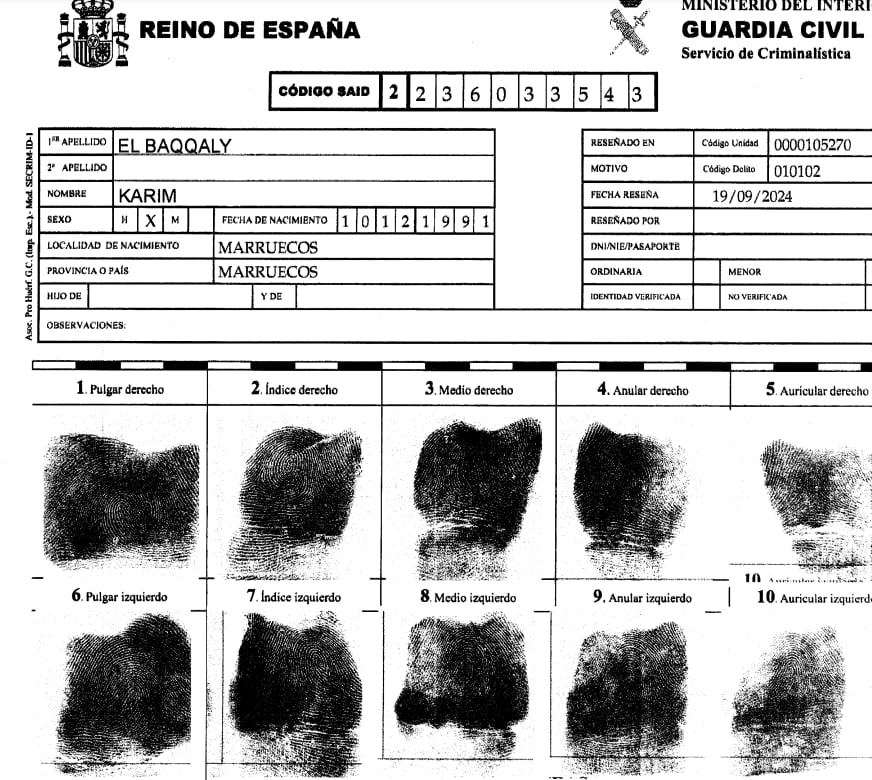 Informe de la Guardia Civil sobre la identidad de Karim El Baqqaly, presunto asesino de los dos Guardias Civiles en Barbate