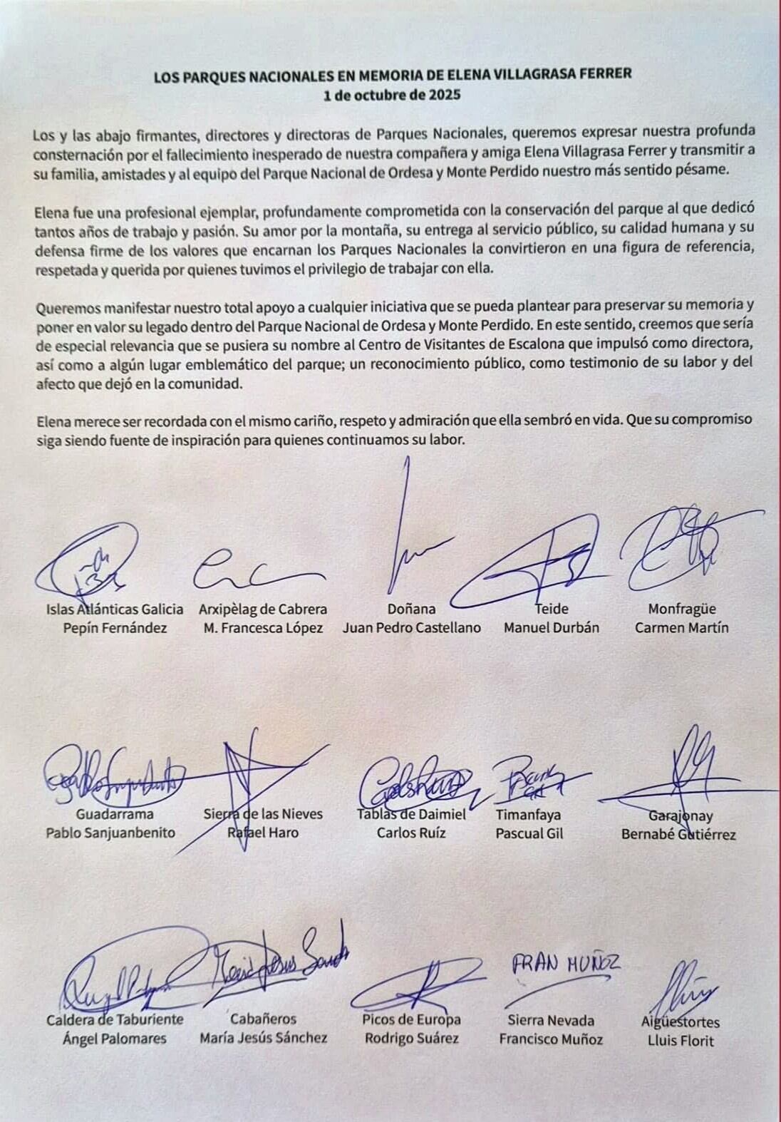 Carta de los directores de los Parques Nacionales de España. Foto: Facebook del Parque Nacional de Ordesa y Monte Perdido